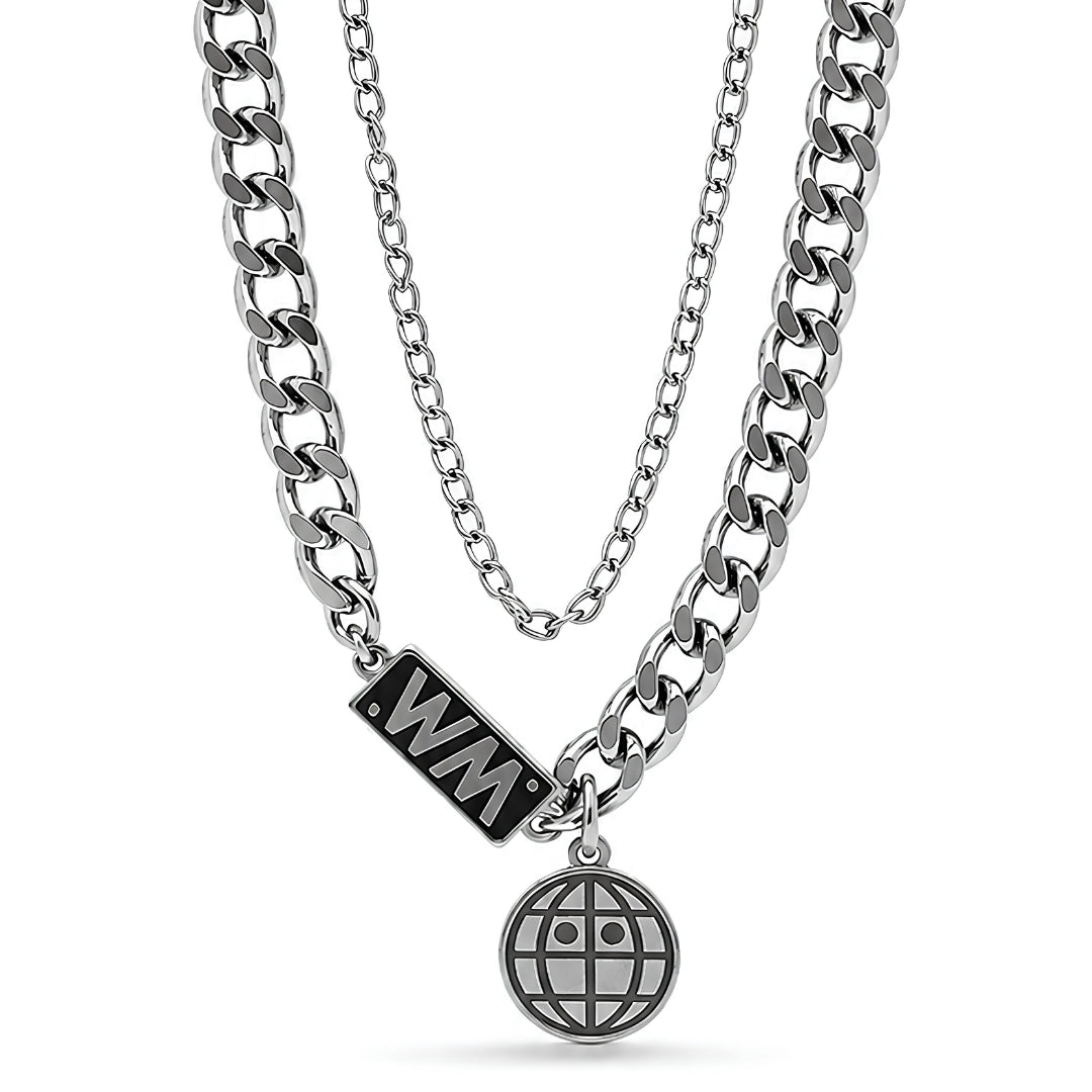 WORLD GRID - 13mm Titanium Steel Pendant with 18inch to 20inch Adjustable Cable Chain for Men & Boys