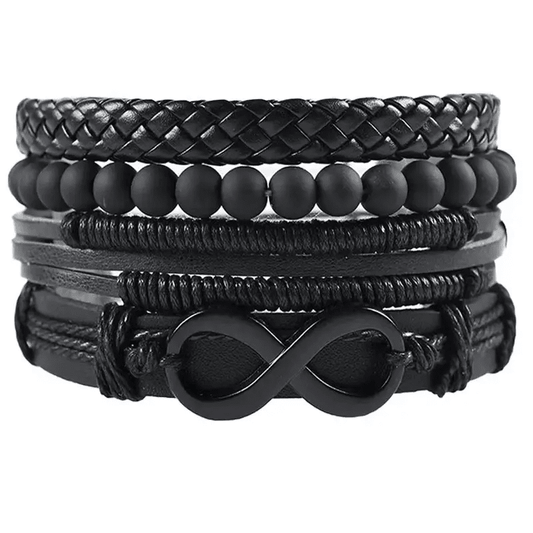 THE MEN THING Leather Bracelet for Men - 4Pcs Black Genuine Braided Leather Bracelet Set, Tribal Woven Ethnic Wrap Infinity Bracelet for Men & Boys (8inch))…