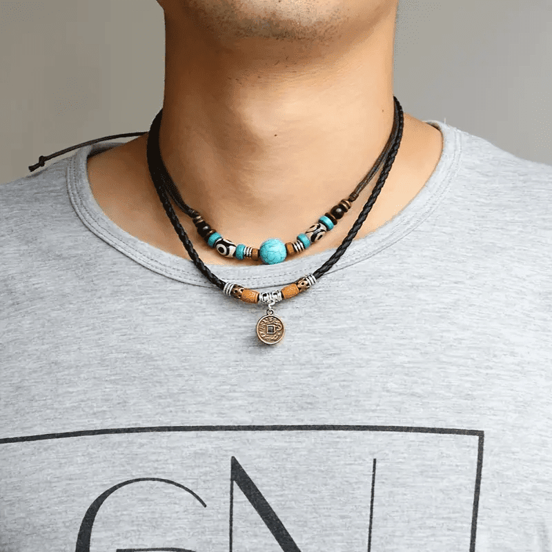 Vintage Retro Coin - Two-Layered Necklace With Wax Rope And Faux Adjustable For Men Boys.