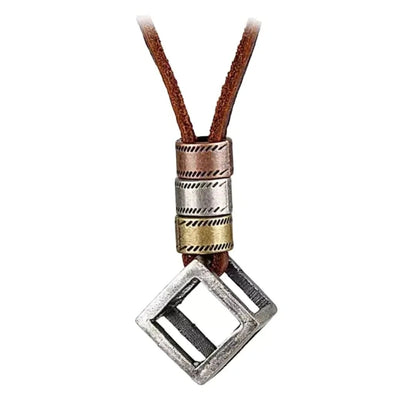 Cubicano Brown - Vintage Alloy Cube Pendant With Adjustable Pure Leather Cord Necklace For Men &