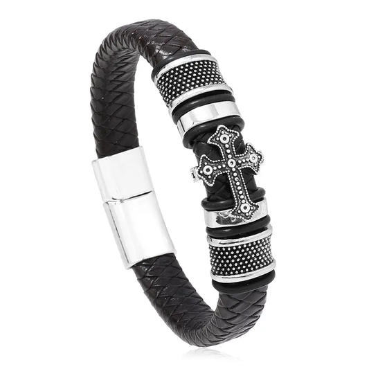 TEMPLAR CROSS BLACK - Genuine Leather Braided Bracelet with Stainless Steel Magnetic Buckle for Men & Boys (8 inch)