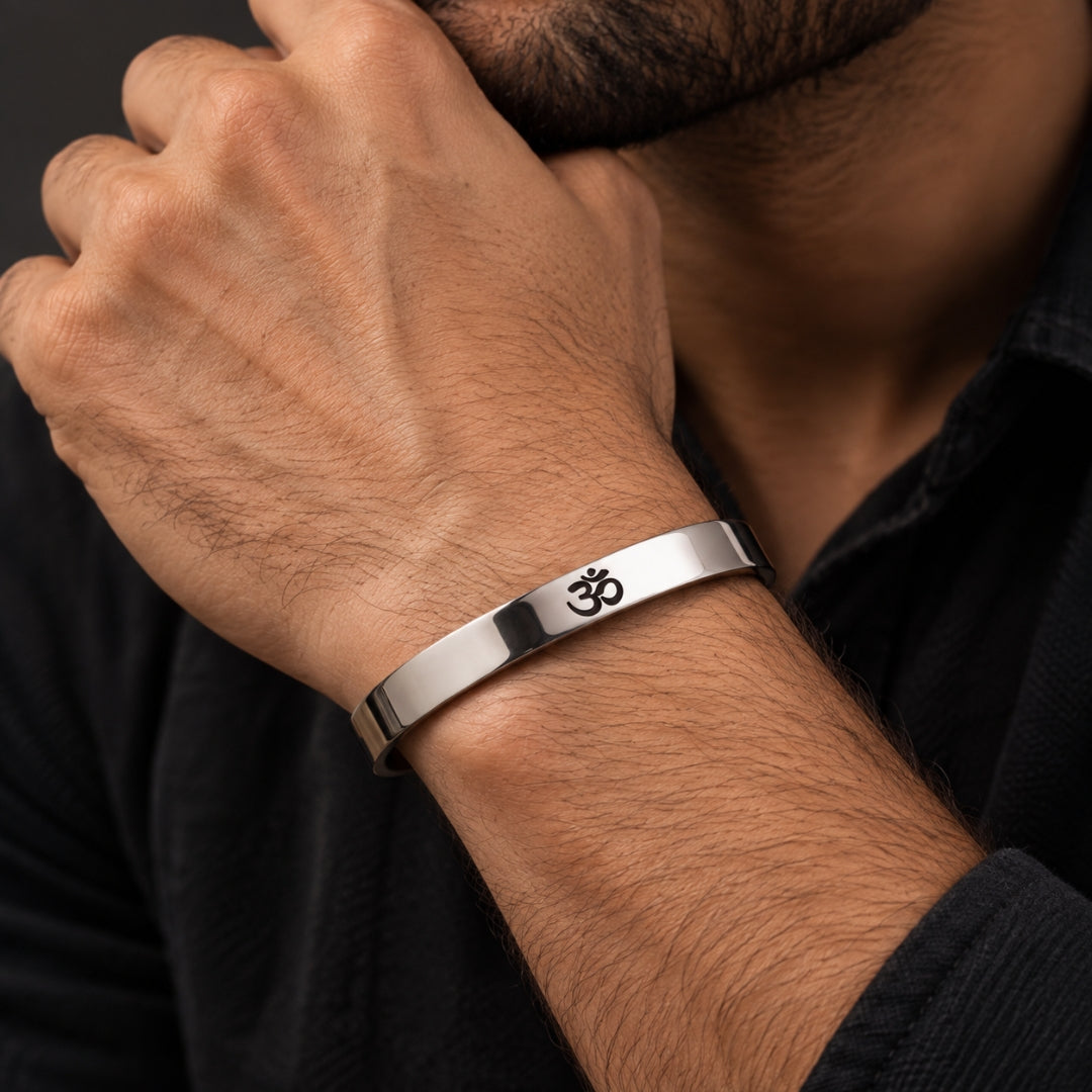 OM STEEL - Pure Stainless Steel Bangle, Silver Color (8 inch) for Men & Boys