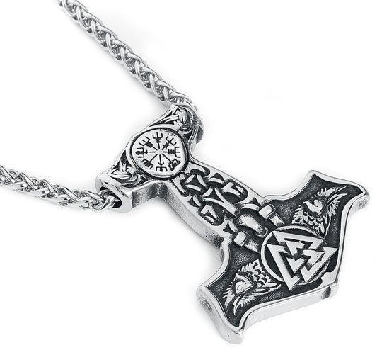 VIKING THOR MJOLNIR SILVER - Pure Titanium Steel Necklace with 24 inch Chain for Men & Boys