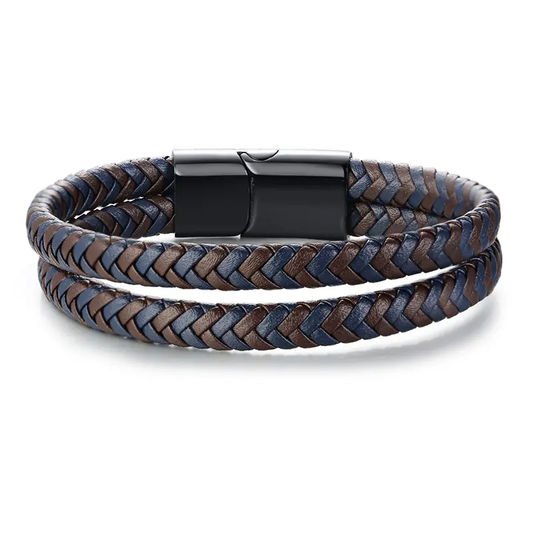 ENIGMA WEAVE BROWN - Double Genuine Leather Braided Bracelet with Stainless Magnetic Buckle for Men & Boy (8 inch)
