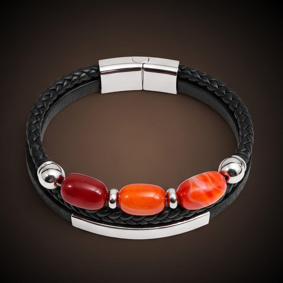 ENGRAVED - CRIMSON TRIO BLACK - 22mm Genuine Leather Multi-Layer Bracelet with Stainless Steel Magnetic Buckle for Men & Boys (8 inch)