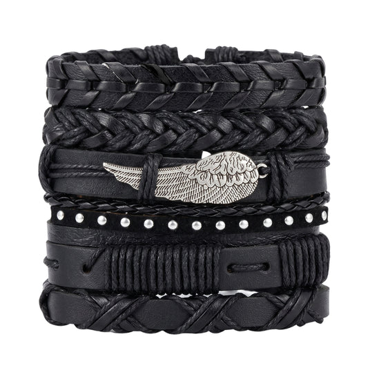 WINGCORE - 6 Pcs Genuine Leather Adjustable Bracelet for Men & Boys