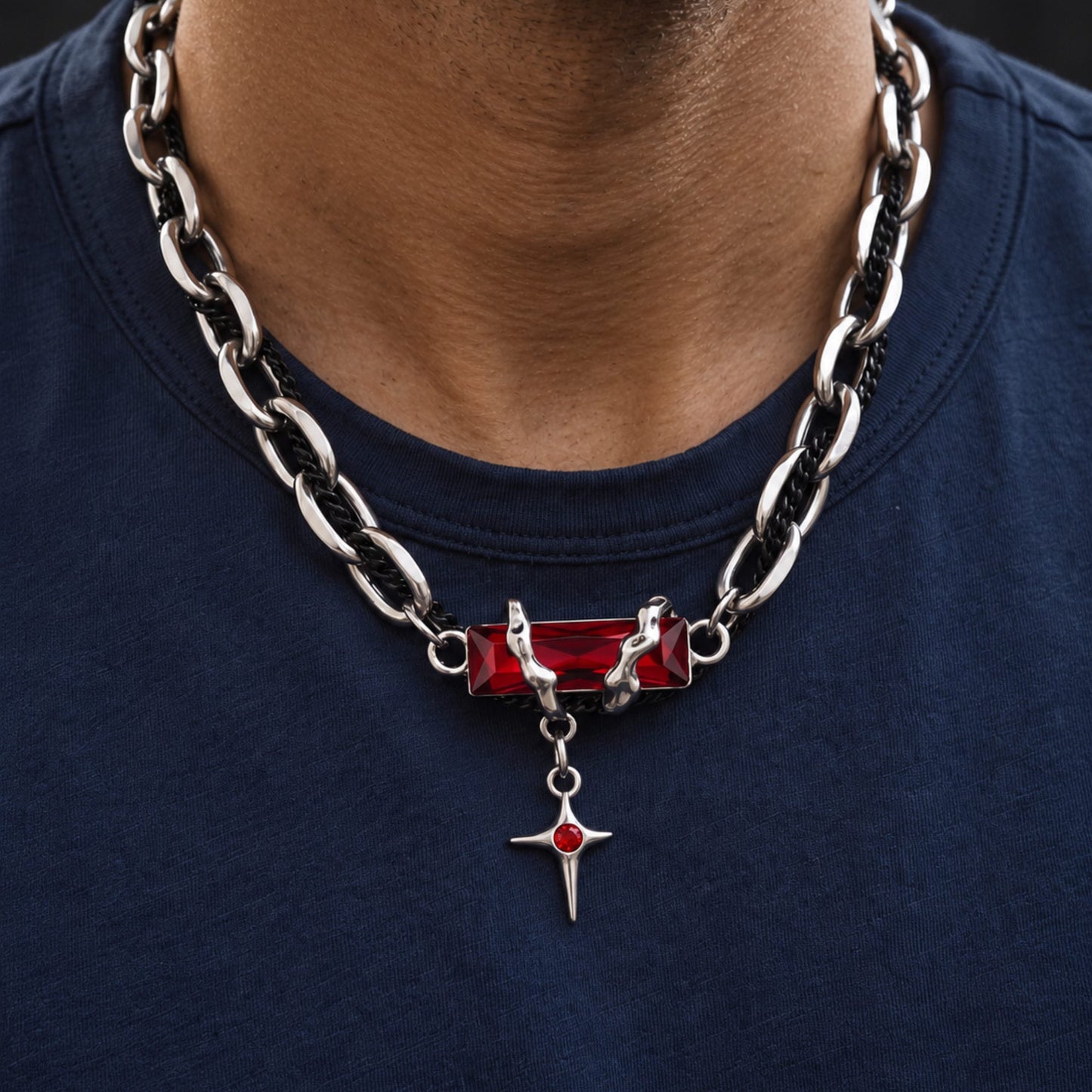 OBSIDIAN RED CROSS - 30mm Titanium Steel Pendant with 20 to 22inch Adjustable Cable 7mm Chain for Men & Boys