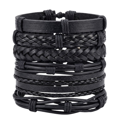 NOIR WEAVE - 6 Pcs Genuine Leather Adjustable Bracelet for Men & Boys