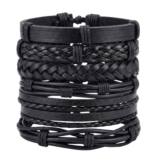 NOIR WEAVE - 6 Pcs Genuine Leather Adjustable Bracelet for Men & Boys