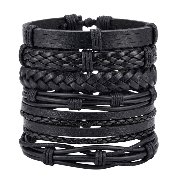 NOIR WEAVE - 6 Pcs Genuine Leather Adjustable Bracelet for Men & Boys