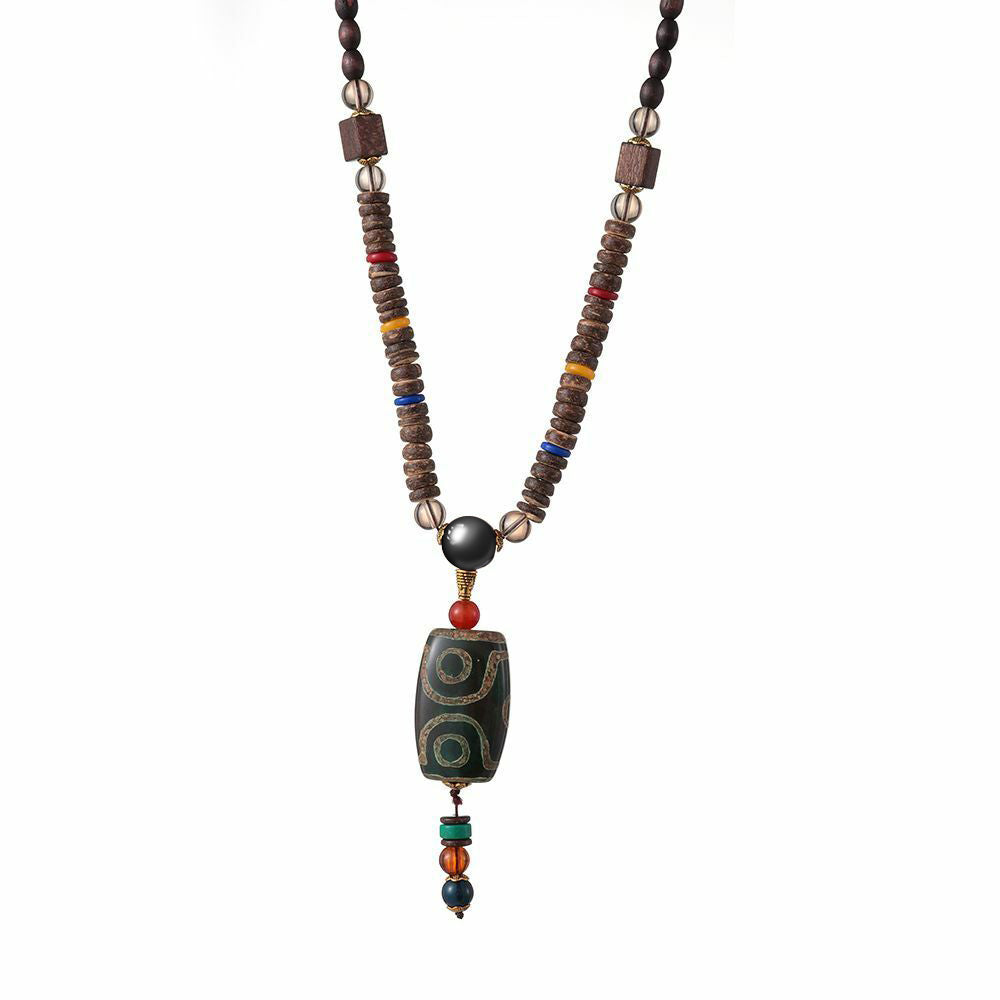 The Men Thing Buddhist Mala Wood Bead Necklace - Green Agate Large Dzi Pendant & Ethnic Long