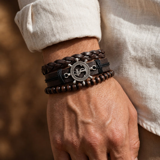 ANCHOR WHEEL - 3Pcs Genuine Leather Adjustable Bracelets Set for Men & Boys