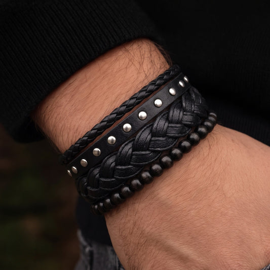 RIVET BRAID - 3Pcs Genuine Leather Adjustable Bracelets Set for Men & Boys