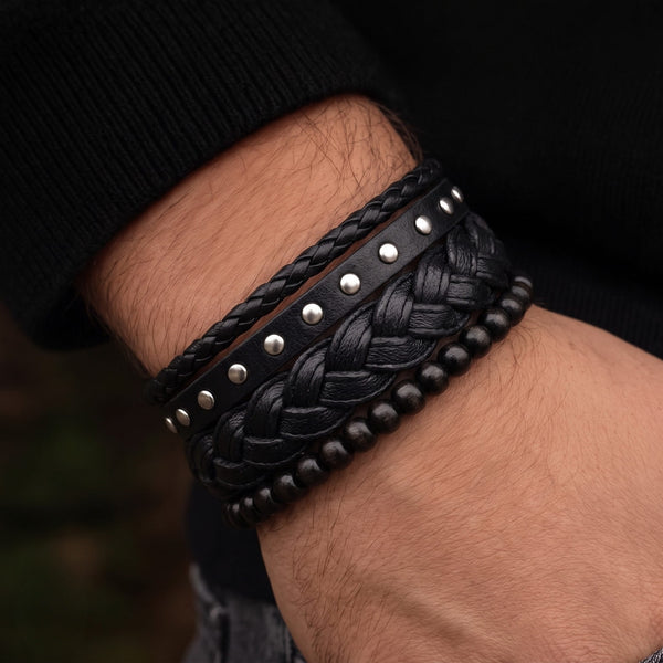 RIVET BRAID - 3Pcs Genuine Leather Adjustable Bracelets Set for Men & Boys