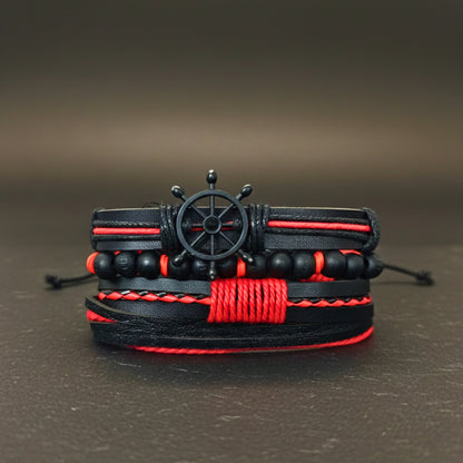 CRIMSON CAPTAIN - 4 Pcs Genuine Leather Adjustable Bracelet Set for Men & Boys (8 inch)