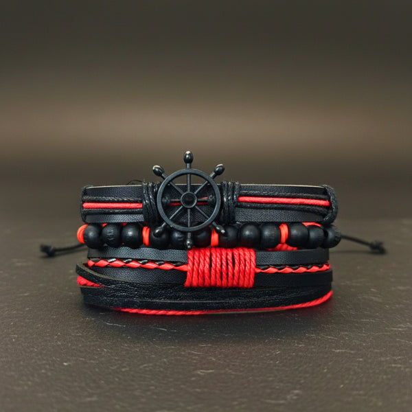 CRIMSON CAPTAIN - 4 Pcs Genuine Leather Adjustable Bracelet Set for Men & Boys (8 inch)