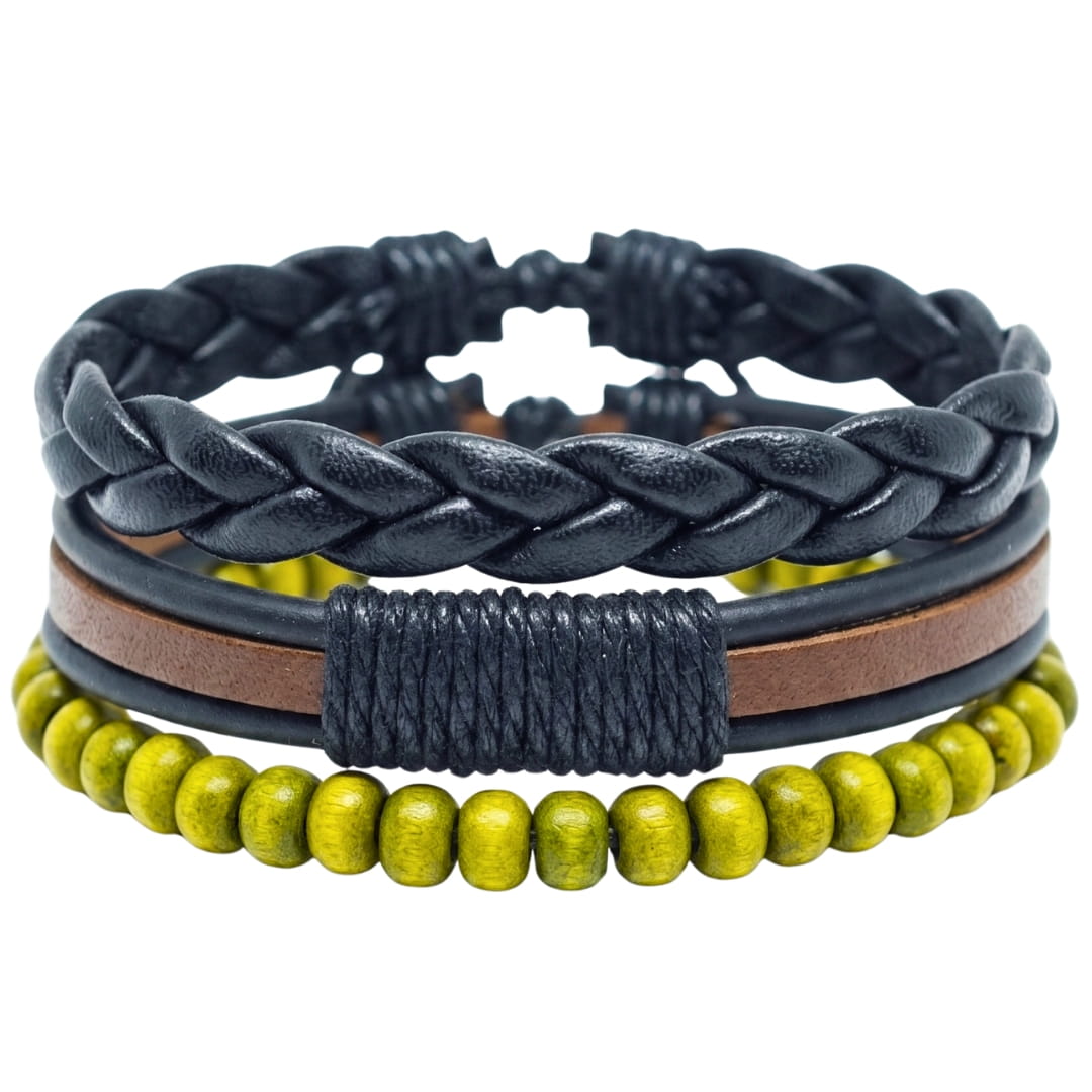 GROVE EDGE - 3Pcs Genuine Leather Adjustable Bracelets Set for Men & Boys