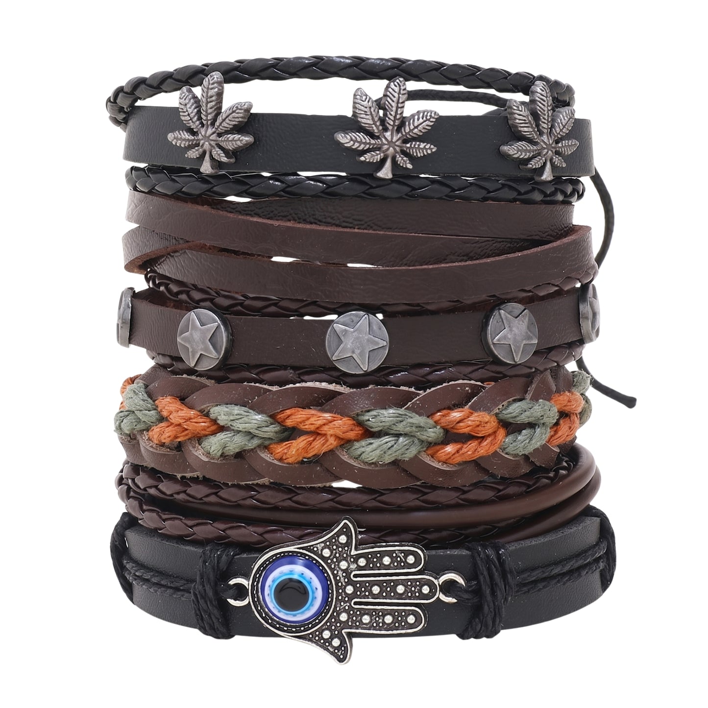 HAMSA CORE - 6 Pcs Genuine Leather Adjustable Bracelet for Men & Boys