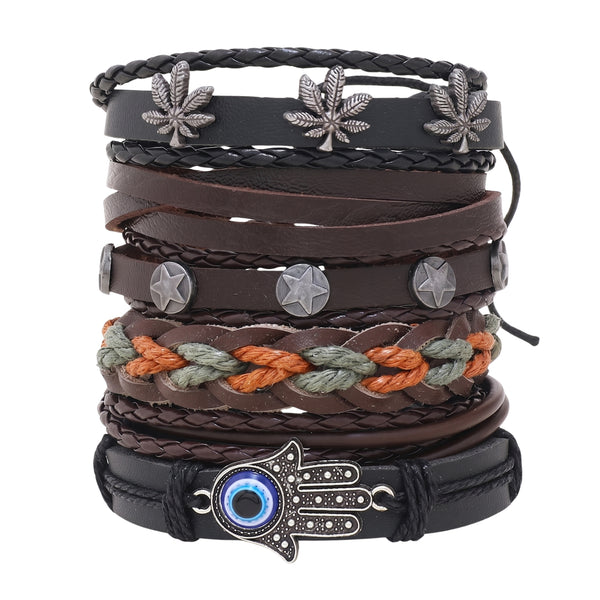 HAMSA CORE - 6 Pcs Genuine Leather Adjustable Bracelet for Men & Boys