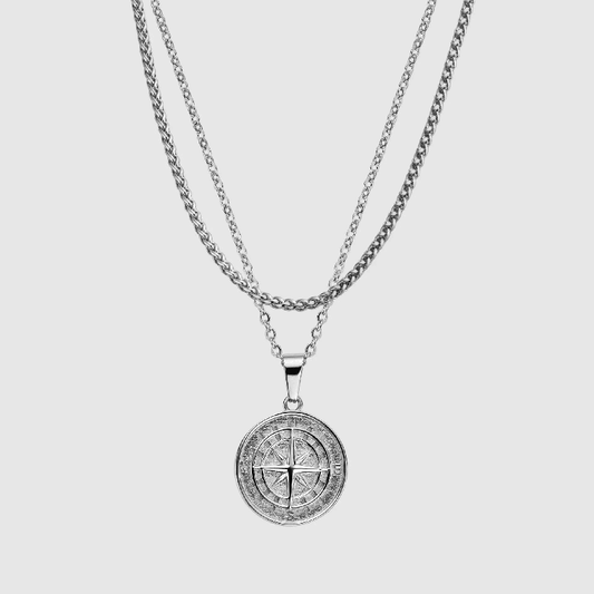 North Star - Silver Tone Pendant With Stainless Steel Round Box Chain Set 24-Inch & 3Mm Rope