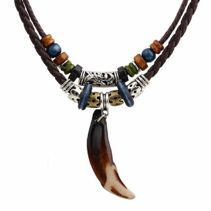 Bohemian Wolf Tooth - Wolf Tooth Pendant With Beaded Multilayer Adjustable Rope Necklace For Men And