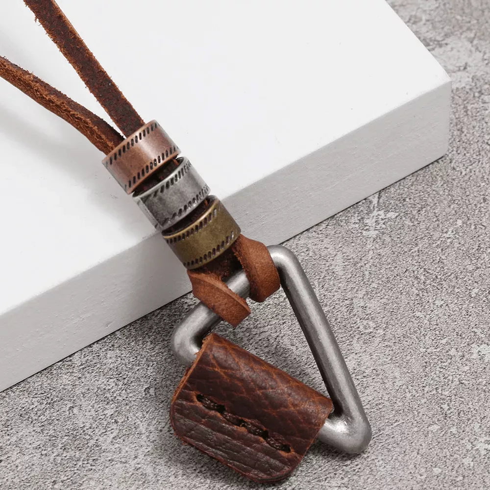 Trigon Brown - Vintage Alloy Triangle Pendant With Adjustable Pure Leather Cord Necklace For Men &