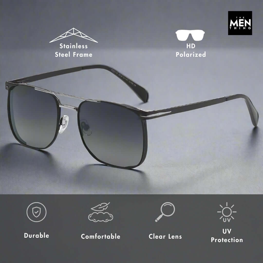 2110 MIDNIGHT EDGE  -  Square Aviator Style - HD Polarised Sunglasses for Men - UV400 Protection, Stainless Steel Frame - THE MEN THING