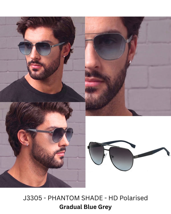 2148 - EBON OCTAGON - HD Polarised Sunglasses for Men - UV400 Protection, Stainless Steel Frame - Gradual Blue Grey