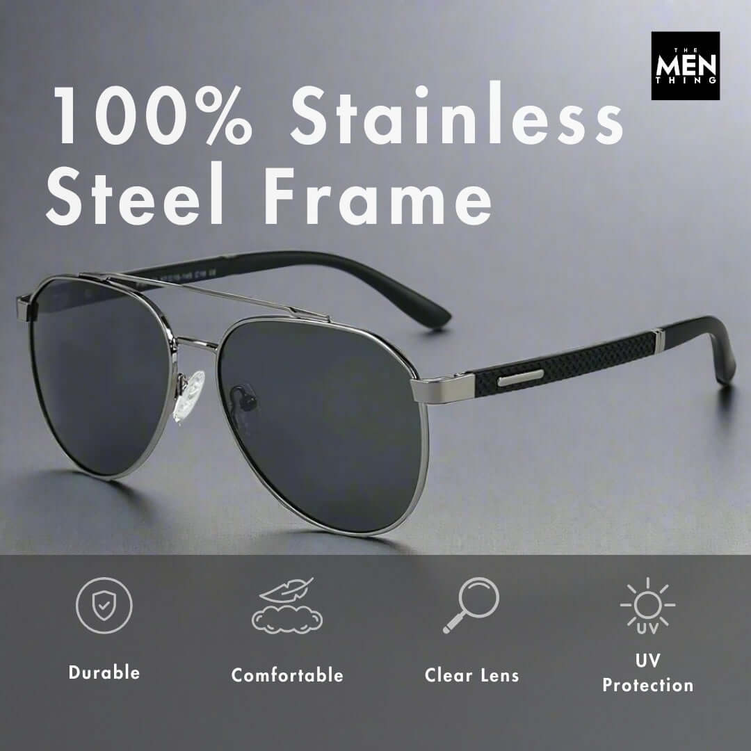 2173 STEALTH PILOT  -  Aviator Style - HD Polarised Sunglasses for Men - UV400 Protection, Stainless Steel Frame - THE MEN THING