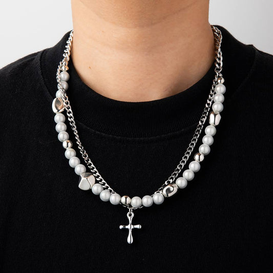 MIRE SERENITY - Two Layer Necklace with Titanium Steel Chain &  Fusion Cuban Pearls & Cross Pendant - Size 18inch