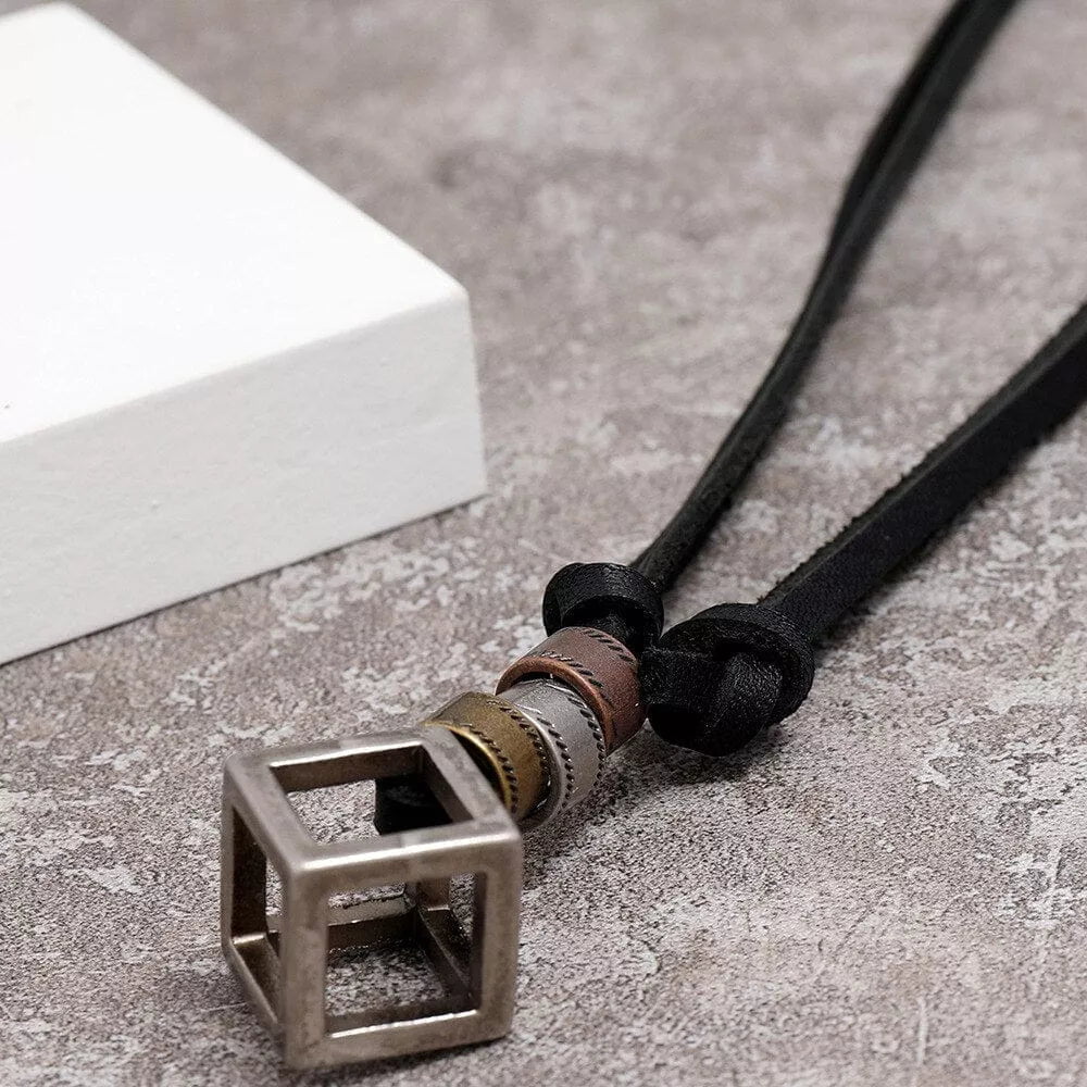 Cubicano Black - Vintage Alloy Cubical Pendant With Adjustable Pure Black Leather Cord Necklace For