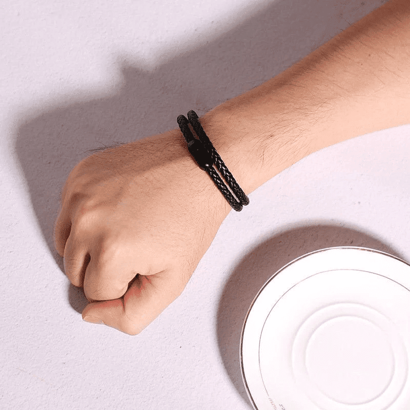 STARRY TWINE BLACK - American Style Genuine Braided Leather Bracelet with Stainless Steel Clasp Magnetic Buckle for Men & Boy (8 inch)