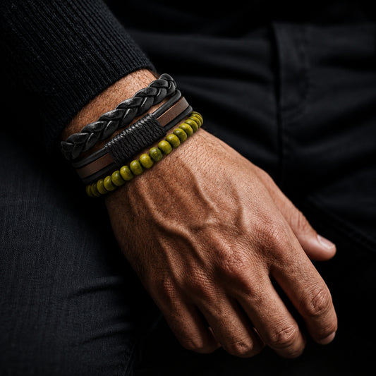 GROVE EDGE - 3Pcs Genuine Leather Adjustable Bracelets Set for Men & Boys