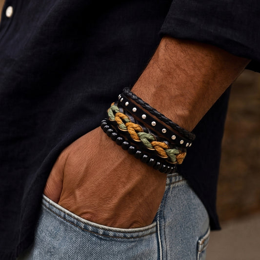 CAMO RIDGE - 3Pcs Genuine Leather Adjustable Bracelets Set for Men & Boys