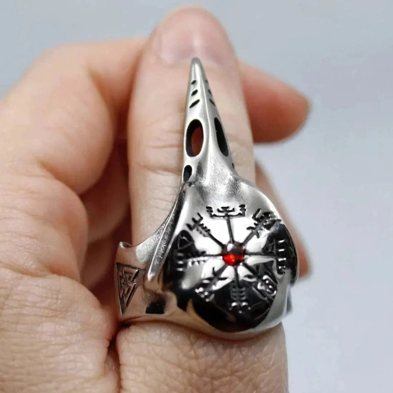 Crow Skull Viking - Titanium Steel Ring With Red Stone Size 17-21- 24)