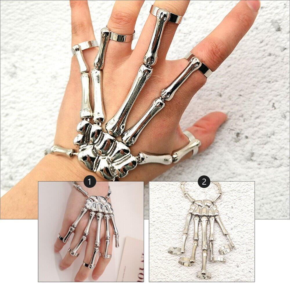 Skeleton Hand - Full Hand Skeleton Bracelet With Ring Metal Elasticity Adjustable For Men & Boys