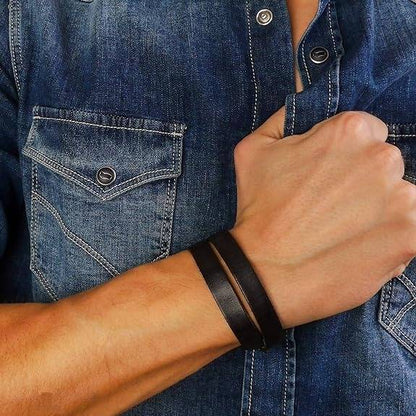 OUTBACK BLACK - Genuine Leather Adjustable Cuff Bracelet with Stainless Steel Hook for Men & Boys