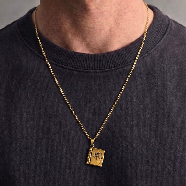 MEMORY BOOK - GOLDEN - 18mm Pure Titanium Steel Pendant with 3mm Chain for Men & Boys (17 to 19 inch Adjustable Cable Chain)