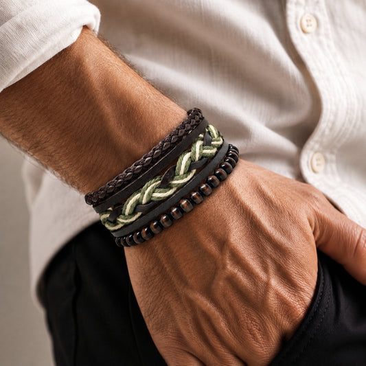 MOSS RIDGE - 3Pcs Genuine Leather Adjustable Bracelets Set for Men & Boys