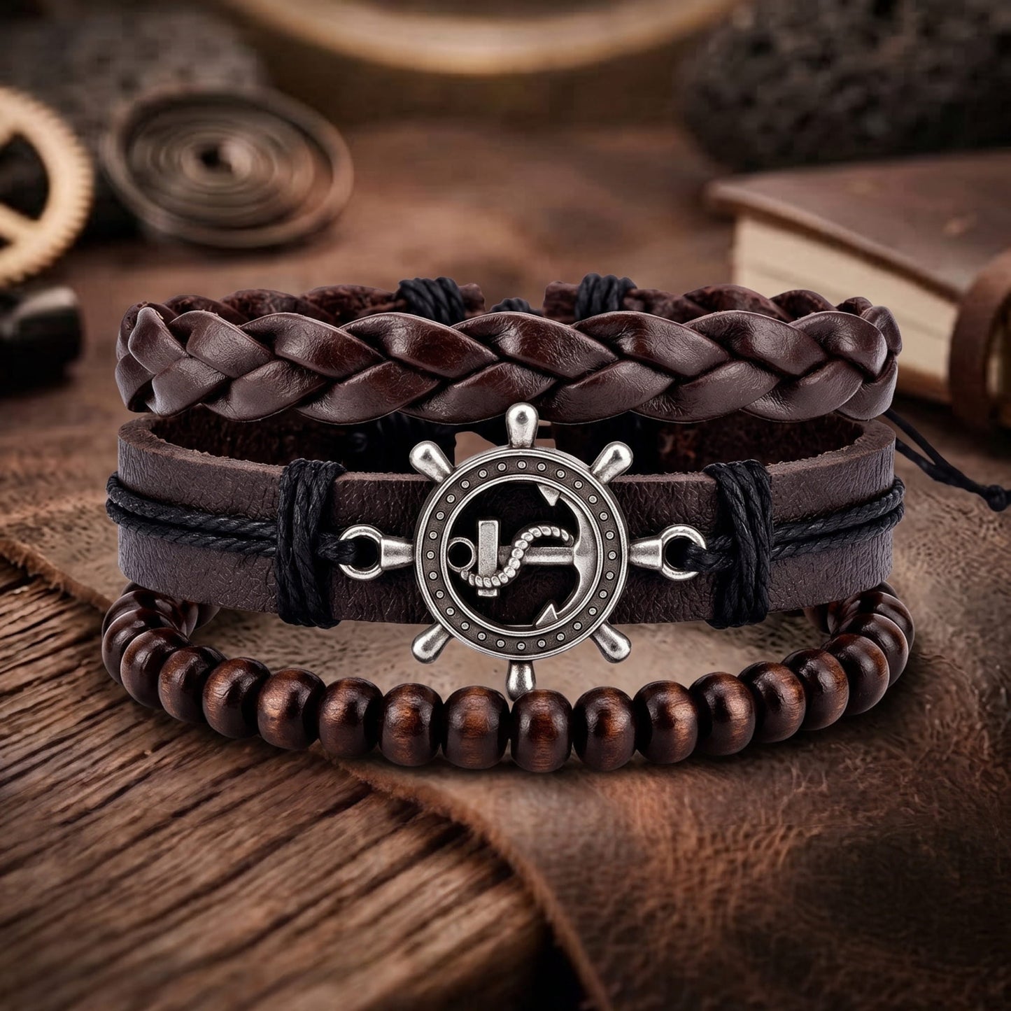 ANCHOR WHEEL - 3Pcs Genuine Leather Adjustable Bracelets Set for Men & Boys