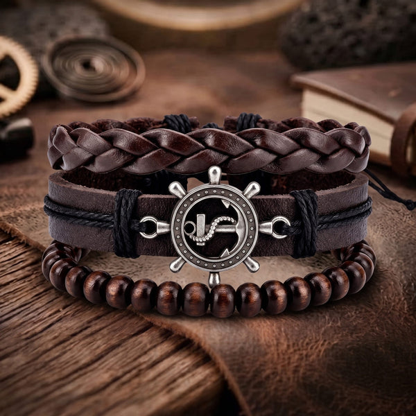 ANCHOR WHEEL - 3Pcs Genuine Leather Adjustable Bracelets Set for Men & Boys