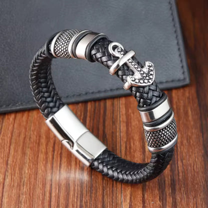 ANCHOR KRAKEN BLACK - Genuine Leather Braided Bracelet with Stainless Steel Magnetic Buckle for Men & Boys (8 inch)
