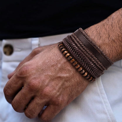 OAKEN EDGE - 3Pcs Genuine Leather Adjustable Bracelets Set for Men & Boys