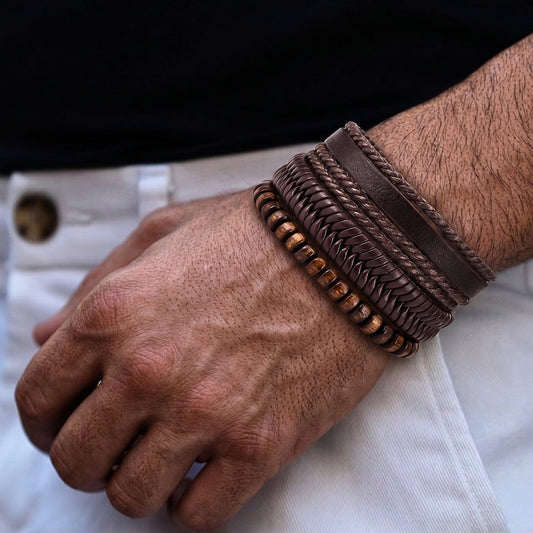 OAKEN EDGE - 3Pcs Genuine Leather Adjustable Bracelets Set for Men & Boys
