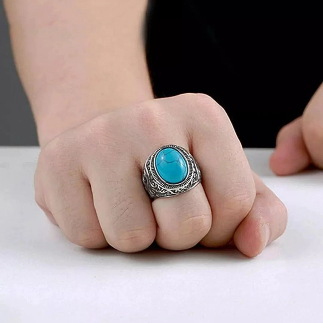 Azure Dreams Titanium Steel Ring - Retro Vintage Blue Stone (Size:  17-21- 24)