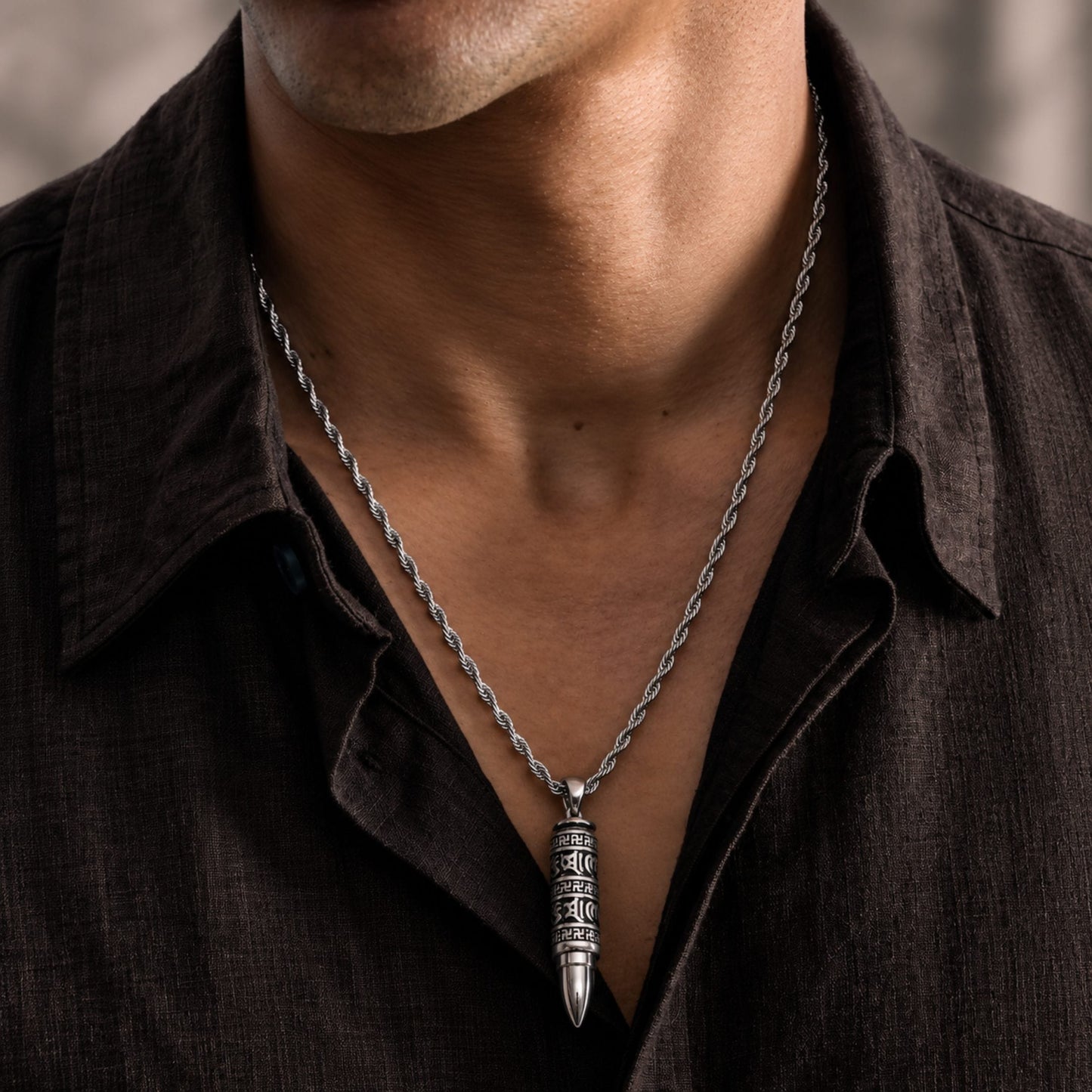 MANTRA BULLET - 11mm Pure Titanium Steel Pendant with 23inch Twisted Rope 4mm Chain for Men & Boys