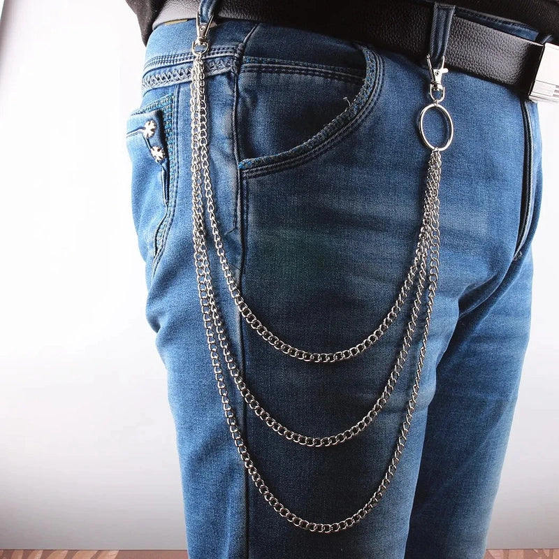TRIADIC LINK CHAIN SILVER - 3pcs Alloy Multi-Layer Heavy Punk Biker Jeans Chain with Lobster Clasps for Men & Boys - 39 inch