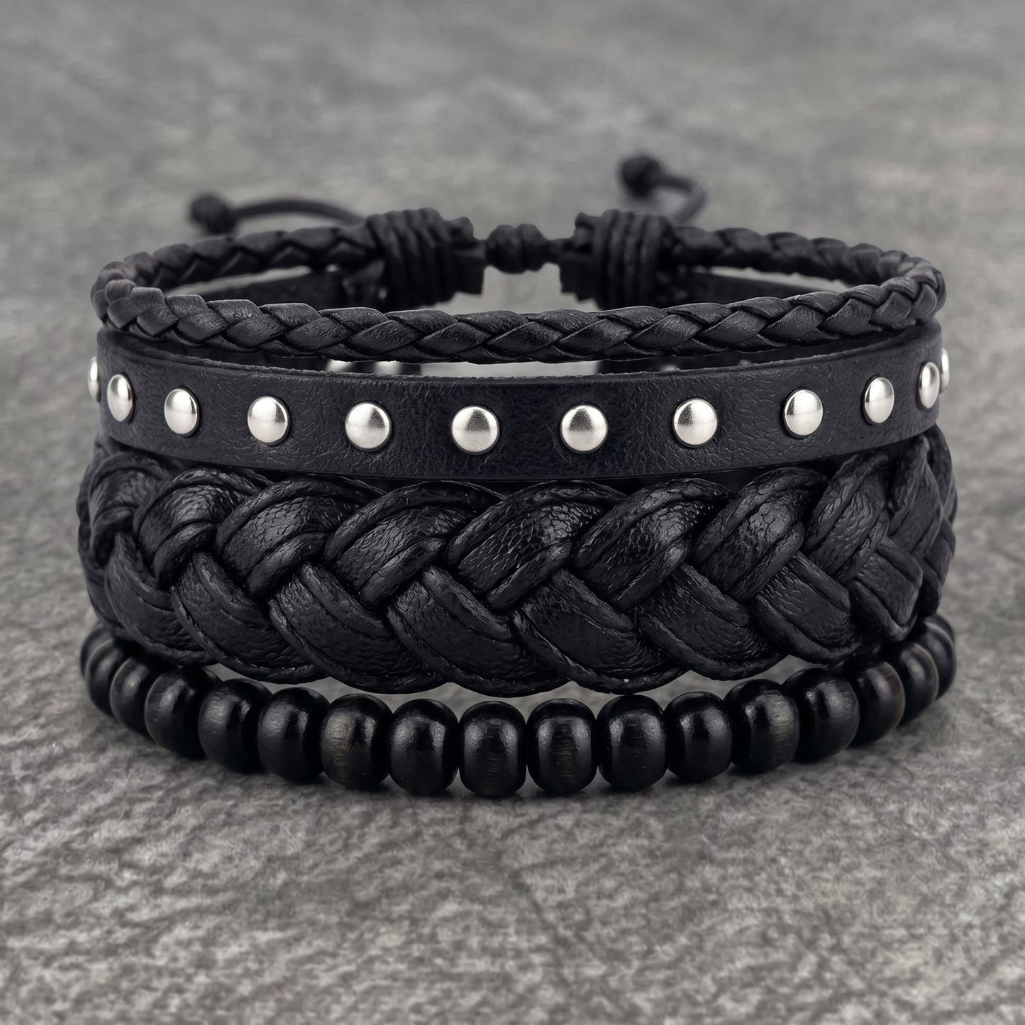 RIVET BRAID - 3Pcs Genuine Leather Adjustable Bracelets Set for Men & Boys