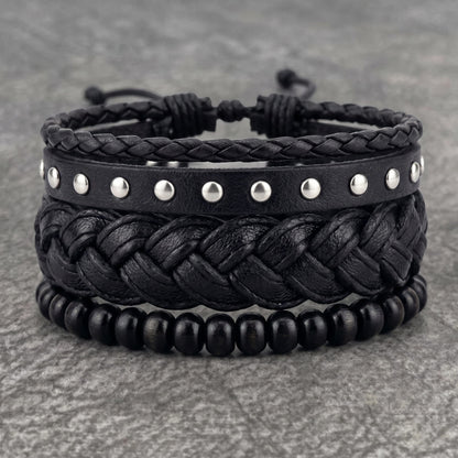 RIVET BRAID - 3Pcs Genuine Leather Adjustable Bracelets Set for Men & Boys