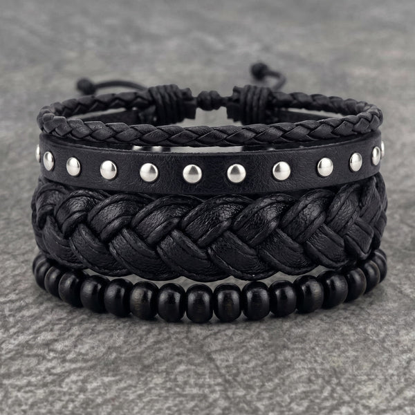 RIVET BRAID - 3Pcs Genuine Leather Adjustable Bracelets Set for Men & Boys